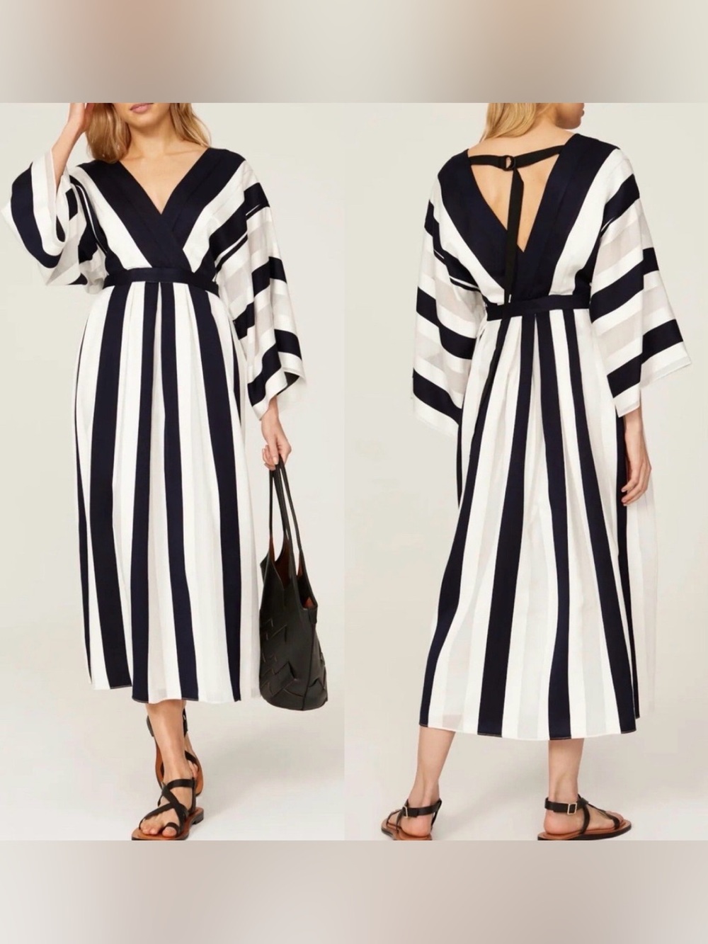 ADAM LIPPES Collective Dress Navy Stripe Kimono Sleeve Double V Pockets Size 14